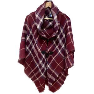 Apt. Nine Womens Burgundy Plaid Tartan Scarf Cape Shawl Poncho Buttons One Size